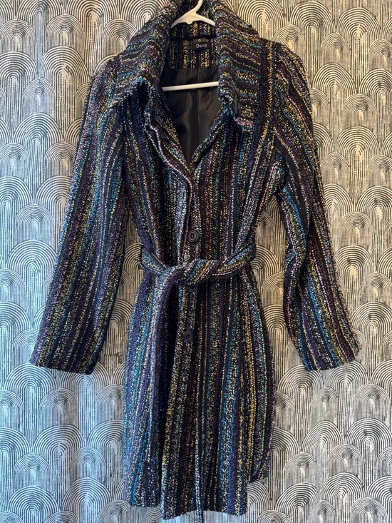 Daisy Jackets & Blazers - Daisy Black Multi-Color Metallic-Stripe Belted Knit Coat